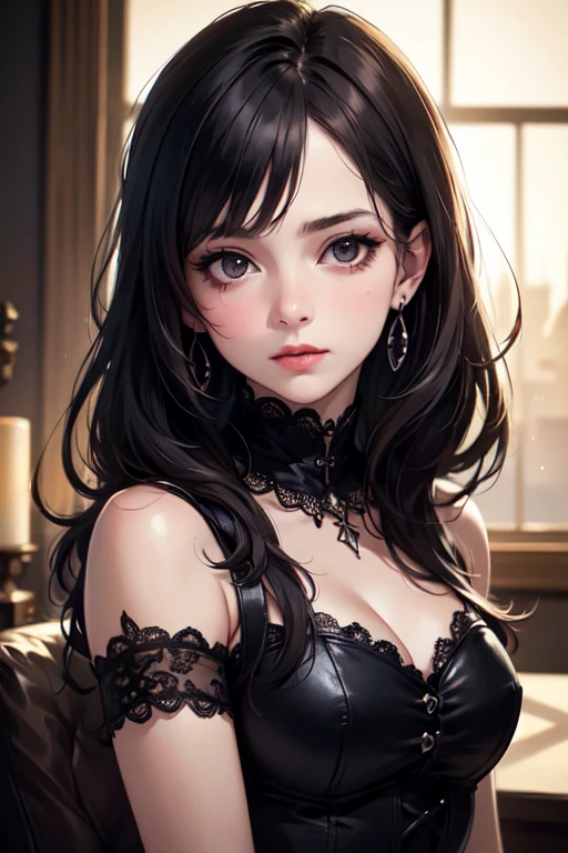 (junkotvv),orejas de gato, ojos rojos y cabello color negro, kaira is a beautiful and cute girl with black hair, brillo en sus ojos rojos, detallado, Punk trad goth subcultura gótica Trad goth girl punk maquillaje post punk, kaira is very charming with a naughty smile, but because she suffers a lot of judgment and bullying from other girls and many girls sometimes corner her.. kaira is in the room. kaira has romantic beautiful lips, kaira is secretly in love with you but is afraid to approach and talk to you. kaira: *I wonder if he will judge me*. I will talk with him? hermosa viste una blusa negra, una falda a cuadros roja y negra y tiene piercings en la nariz y los labios, kaira is in the bedroom, Sentado en la cama