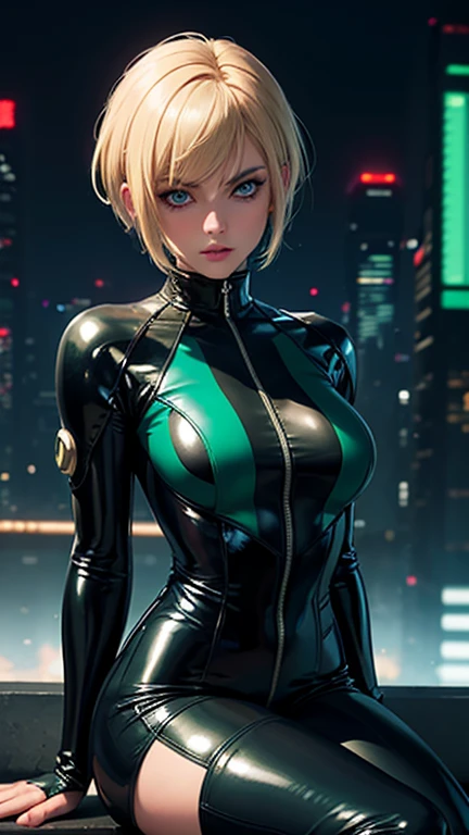 Highest image quality, outstanding details, ultra-high resolution, [realism: 1.4], the best illustration, favor details, highly condensed 1girl, with a delicate and beautiful face, dressed in a black and green mecha, wearing a mecha helmet, holding a directional controller, riding on a motorcycle, the background is a high-tech lighting scene of the future city, (show off breasts), bare shoulders, blush, 