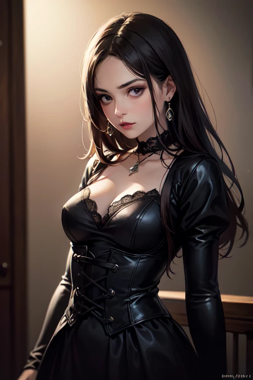 1 girl, solo, red eyes, cat ears, brunette, wavy hairstyle, wearing bottom lip pierce, wearing earrings, wearing a black velvet choker, wearing a black velvet lingerie, sitting on couch, long eyelashes, wearing soft makeup
