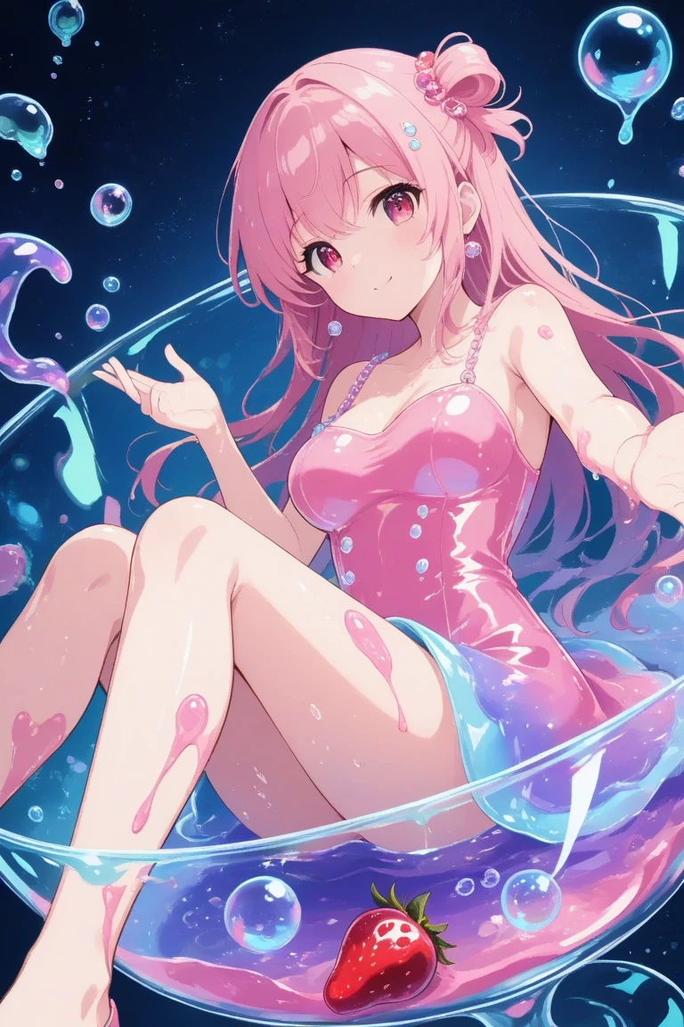 ((inside a big glass ball))(underwater) (floating bubbles) Under the sea ((fantastic starry sky )) (jellyfish) (Healing)((little)) (transparent dress)(sit) The Little Mermaid pink hair
blue Eye