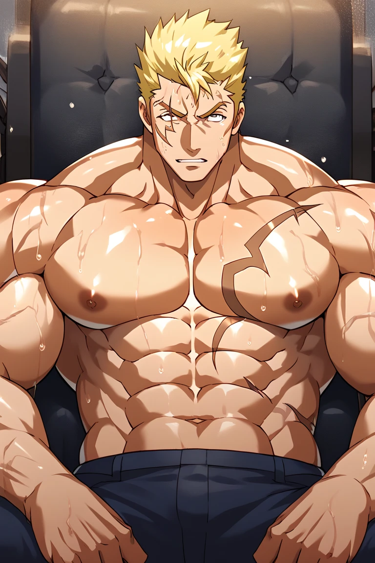 1man, solid dude, gallant beau, blonde, tsurime, sanpaku, blue eyes, spiked hair, 24yo, great muscular, hot wrestler, stocky waist, BREAK ideal ratio body proportions, handsome adult, beautiful detailed eyes, builtfat, toned body, elder chinpira, masculine playboy, wild caucasian, tough yarichin, slightly plump waist, BREAK solo, topless, black wrestling briefs, nipples, abs, provocative smile, charming eyes, on wrestling ring, detailed background, open stance, BREAK upperlegs, cool expression, 1990s, in capcom art style, in color comic style, game keyvisual, depth of field, dutch angle, cinematic shadows, cinematic lighting, lens flare, light leaks, texture, absurdres absolutely resolution, extreme all detailed, greatest painting, BREAK masterpiece, best quality