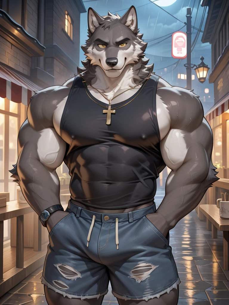 Masterpiece, 4K, High Quality, One person, looking at viewer, ultra detailed, front view, perfect lighting, CG, detailed texture, Male with light beard, short white hair, has wolf ears, has wolf tail, NSFW, shirtless, shorts down, big penis, masturbate pose, light white body hair, sexy body, playful, solo, alone, collar, in the streets, street lamp, night time