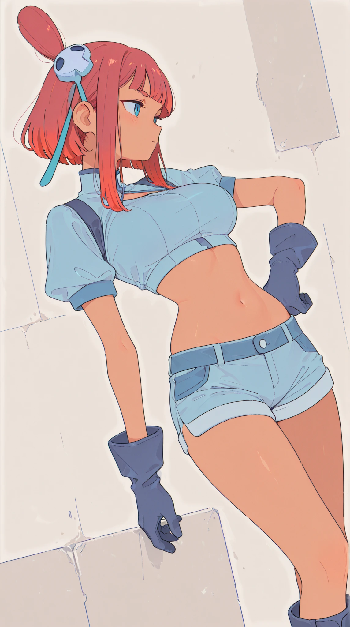 noodles (Gorillaz), masterpiece, best quality, solo, blue hair, makeup, bangs, short hair, lipstick, black eyes, parody, small breasts, blush, sexual expression, panties, white nurse dress, red scarf, black and white striped knee socks, white gloves, at the beach, skinny