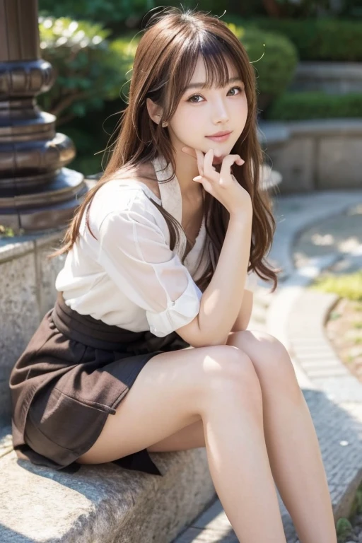 Best image quality, 16K, Ultra-high resolution, 8K, masterpiece, (Canon R5, F1.8, ISO100, 45MP, 1/4000), One Girl, alone, 17 years old, JK, high school girl, Medium Long Hair, bangs, Brown Hair, double eyelid, Long eyelashes, Lower eyelashes, Brown eyes, Looking at the audience, Wearing only a white shirt and a pleated skirt, White shirt fully unbuttoned, A green ribbon around her neck, Very good, D cup bust, Detailed depiction of nipples, Dark blue and white checked pleated skirt, A miniskirt that barely covers the top of the thighs, No pants, nude、Thin arms, Long, slender legs, Dark blue socks, Black loafer shoes, Spread your legs,sitting on a park bench, Full Body Shot, Looking excitedly from below,