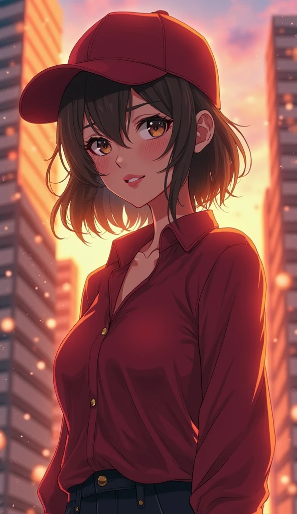 Delia Ketchum, a character from the Pokémon franchise, drawn in a sexually suggestive Manhwa style. Known for her motherly figure and kind demeanor, Delia is depicted with exaggerated curves and a youthful glow that emphasizes her allure. She is dressed in an outfit that blends her original design with a modern twist, including a short, tight-fitting skirt and a low-cut blouse that accentuates her ample cleavage. Her hair, usually kept in a bun, flows freely in the wind, giving her a sense of liberation. The scene is set in a bustling cityscape at night, with neon lights reflecting off the wet streets, hinting at the ahoego genre's penchant for the erotic and sensual. She stands confidently, one hand resting on her hip and the other holding a Pokéball, which is a nod to her character's role as the mother of Ash Ketchum. Her eyes, filled with a mischievous spark, lock onto the viewer, inviting them into her world of secret desires. The art style is clean and sharp, with bold outlines and expressive features that are characteristic of Manhwa. The background is a mix of reality and fantasy, with realistic skyscrapers blending seamlessly with stylized elements such as floating Pokémon and pulsing energy waves that create a vibrant and dynamic atmosphere. Despite the seductive nature of the image, there is an underlying playfulness to Delia's pose and expression that keeps the tone from veering into explicit territory. The color palette is rich and saturated, with a focus on blues and purples that highlight the night setting and complement her skin tone. Her attire is a tantalizing blend of professionalism and seductiveness, leaving just enough to the imagination to keep the scene intriguing. The lighting casts dramatic shadows, adding depth and dimension to her form, while also highlighting her toned legs and the outline of her underwear. The overall composition is balanced, with a clear focal point on Delia, making it impossible to look away from her captivating presen