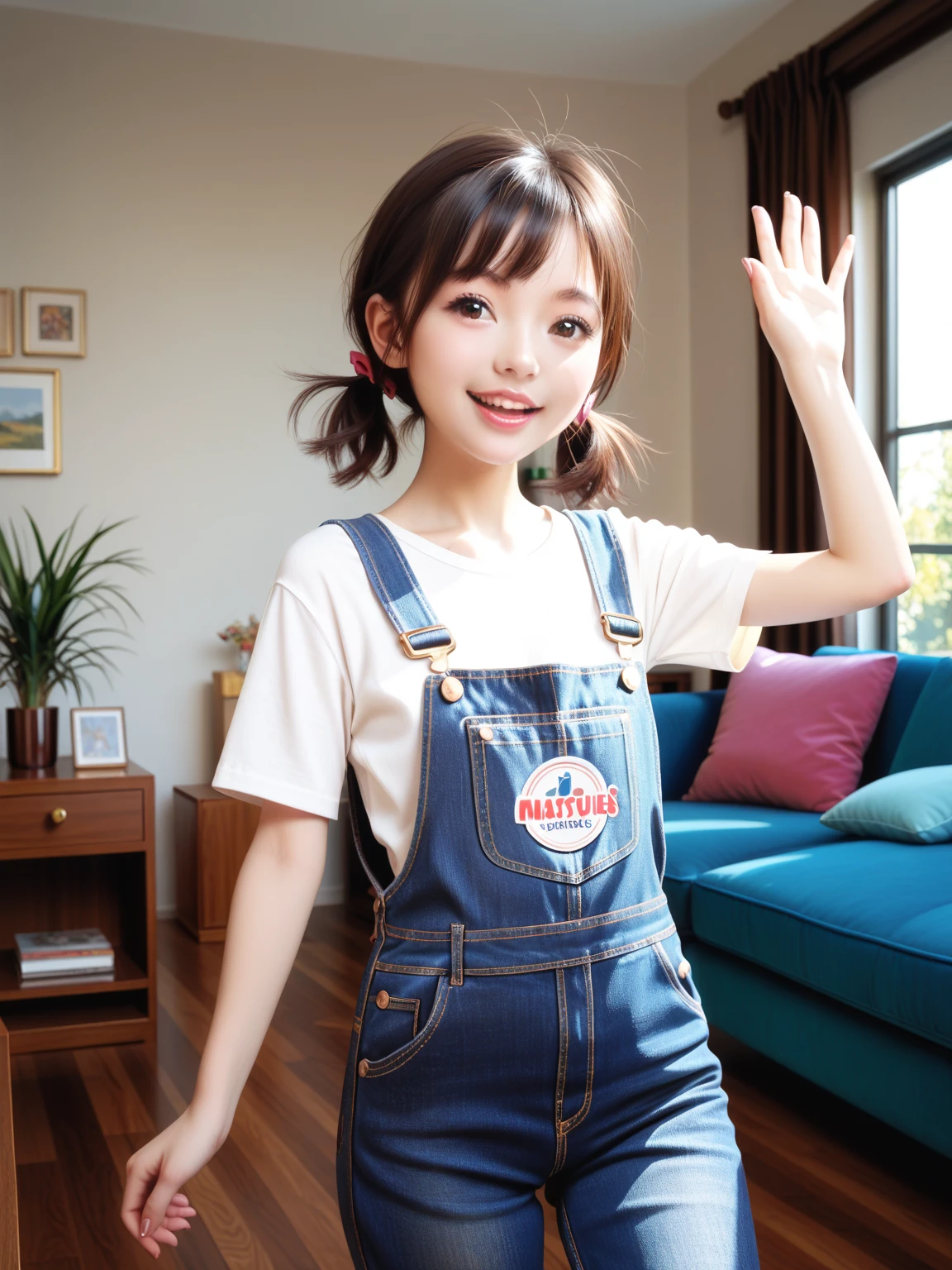 Body Type: 小柄でやや丸みを帯びたBody Type。Overall it's cute、Gives a slightly childish impression。
• Face shape: Round face。Plump cheeks。
• eye: Big, round eyes。The eyes are black、Sparkling like an anime character。
• Eyebrow: Narrow and arched。gently、Gives a cute impression。
• nose: smallて丸い。
• mouth: small、When you smile, both ends rise up.。She has a bright and cheerful smile。
•hairdo: With short black hair、The bangs are blunt。
•clothing: Wearing large round glasses。Wearing a red cap、In front of the cap「Arare」it is written like this。Blue overalls and white T-shirt、Wearing yellow boots。
• Pause: Raise your right hand high「Uncha」" he said cheerfully.。The left hand is on the hip。
• background: You can see Dr. Yamabuki's house in Penguin Village.。The house is a brown wooden structure.、The roof is made of blue tiles。There is a well-kept garden in front of the house.、Colorful flowers々is blooming。The sky is blue and clear.、White clouds float、The bright sunlight illuminates everything。