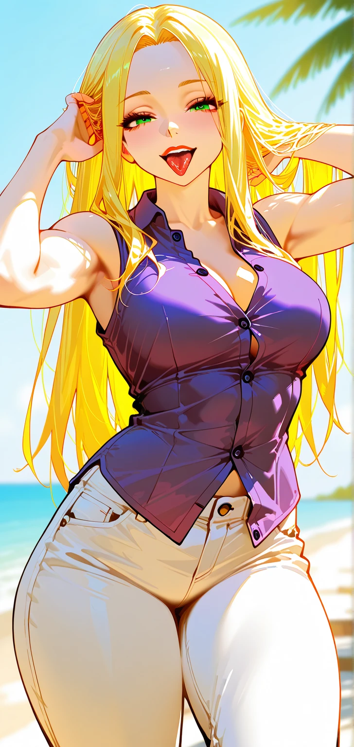 Yuki tsukumo from jujutsu kaisen, long hair, blonde hair, front view detailed body, long belly, big , tight body , thicc medium breast , thicc thighs, standing , front shot, facing at viewer, looking at viewer, facing at viewer, Facing the front, the picture is taken from the front , crop top, black tank top, bare shoulders, navel, yoga pants, outdoors