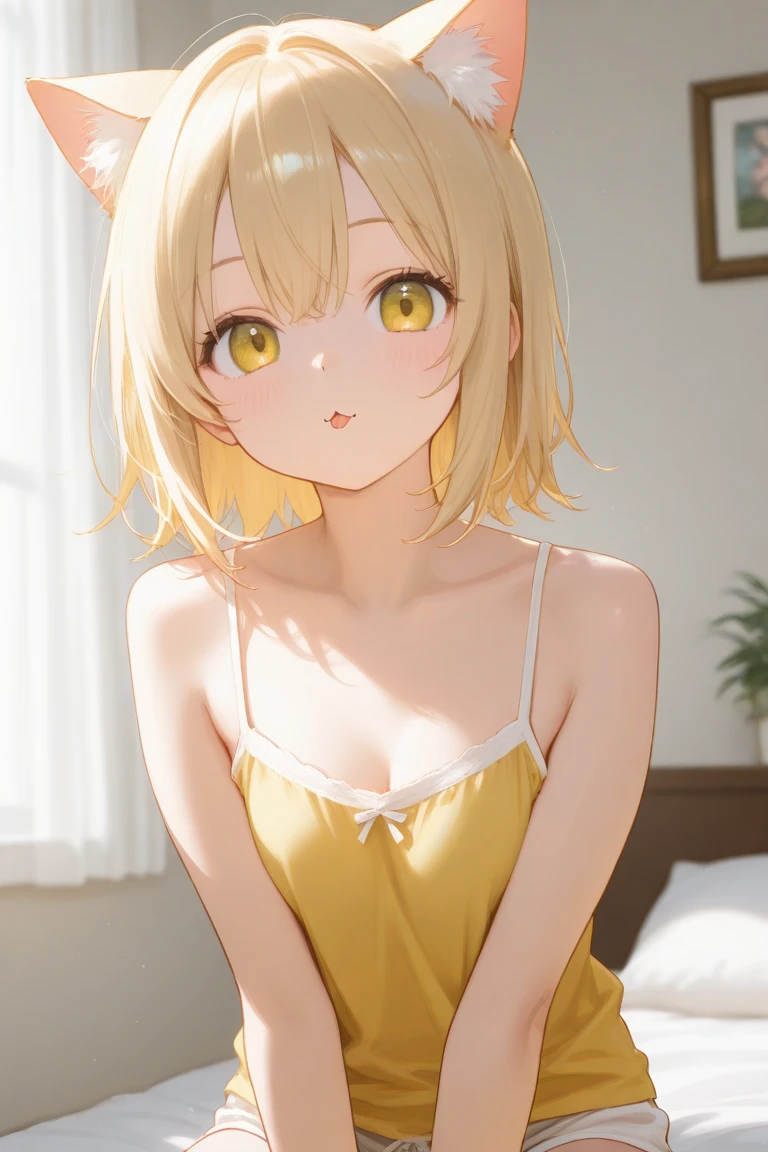 masutepiece, High resolution, 8K, anime woman, Delicate and detailed writing 、Detailed digital illustration、Short hair、perm、Shiny hair、Bangs、a very beautiful woman、Eyes are double, Large, Bust is D cup、High image quality, High quality、Detailed background、The inside of the eye shines like a diamond、Light yellow hair、Gradient pupil、(((2 arms、4 fingers, 1 thumb)))、Detailed female face、Very beautiful and cute woman、、细致背景、​masterpiece、Soft Focus , Bright gradient watercolor , Lens Flare , (((Glitter))) , Glow , Dreamy , Yellow Ribbon、((Very beautiful yellow rose hair accessories))、(sexy nightgown),(((sleepy)))、night bed room background、(((Macroeye)))