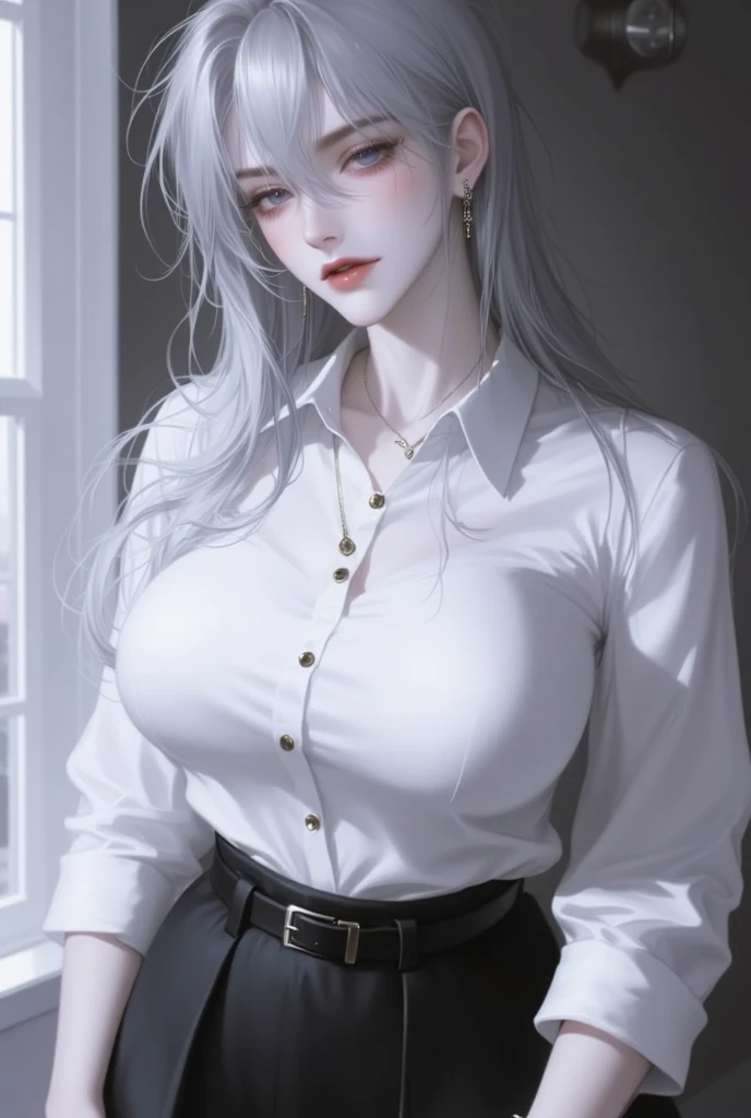 (masterpiece, best quality),(depth of field), shiny skin, 1girl, mature female, solo, gigantic breasts, (cardigan:-1.3), (cleavage:-1.3), (midriff:-1.3), ((Minimalist oversized white button-down shirt worn as a dress, styled with a sleek black belt and accessorized with geometric silver earrings.)) <lora:danah:0.5>