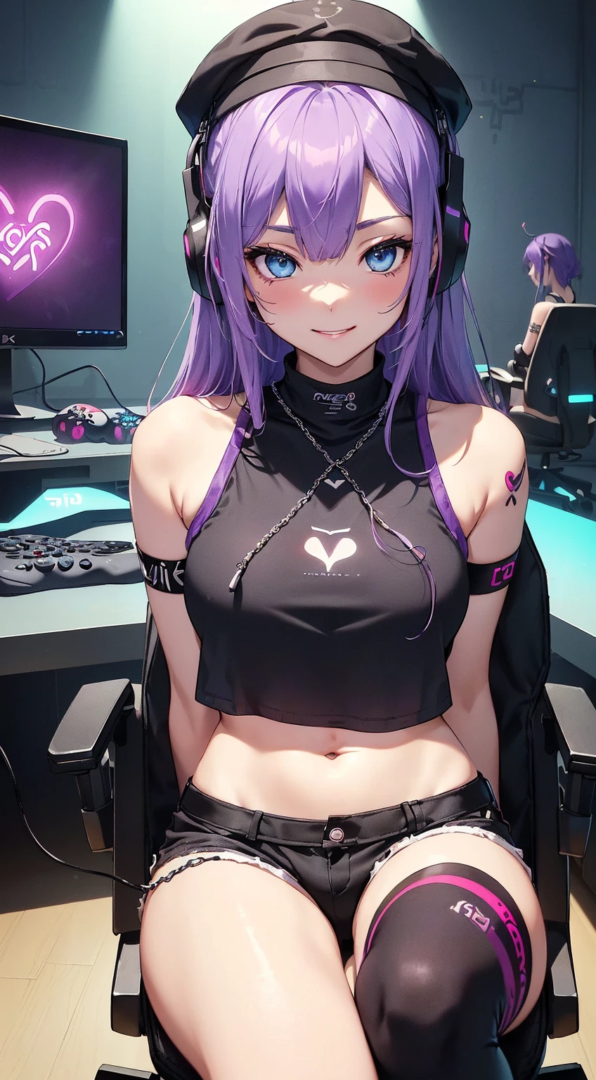 Top quality、Top image quality、masterpiece、girl((18 years old、Cool hat、Tattoo on the right shoulder、Black navel vest、White shorts、Best Bust、Bust 85、Huge breasts:1.4 beautiful breasts、Full breasts(Not wearing it)purple hair、long hair、blue eyes、Open your heart、happiness、Chain accessories、Black wristband on wrist、Sit on a chair、Slim、a smile、There is a controller、Sexy photos、game耳机、Leaning towards the audience))high quality、visual art、Magazine cover style、background((Neon colored room、game、game桌、gaming chair、game床、game console))、On the table、depth(network)