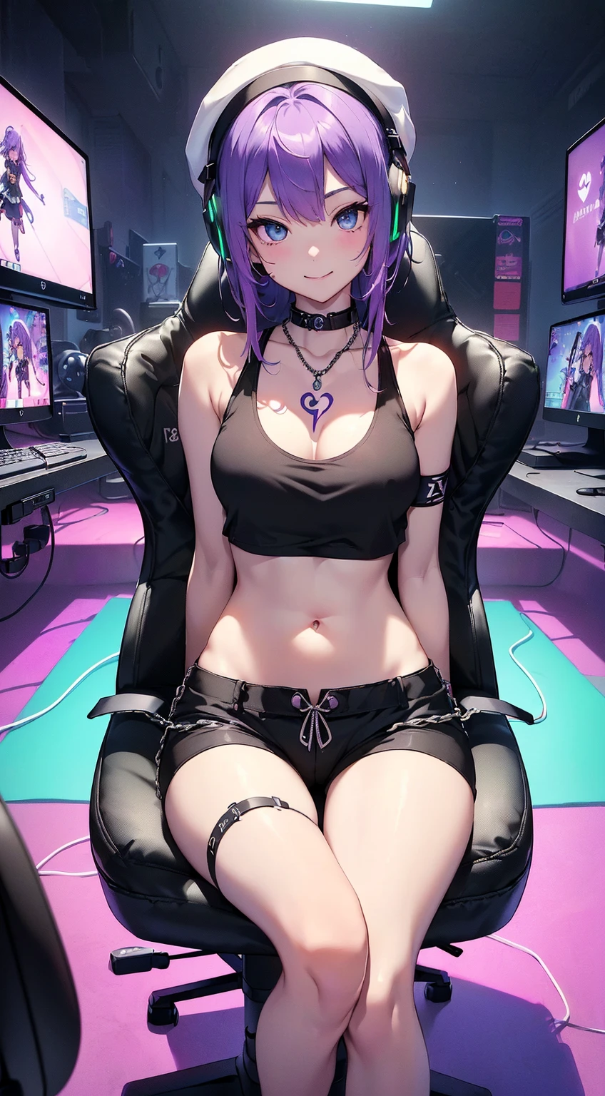 top-quality、Top image quality、masterpiece、femele((25-years old、Beautiful fece、purplehair、Mechanical headphones、Longhaire、Black Sports Bra、Rider's jacket、Red shorts、big bast、Bust 90、Breasts wide open、A slender、Purple eyes、Reflecting the whole body、sit a chair、Heart symbol on cheek))、hiquality、depth of fields、Background with((Cyberpunk Room、Note PC、Gaming Desk、Chair、airconditionerlora、gaming console、Red and black wallpaper、a bed))、