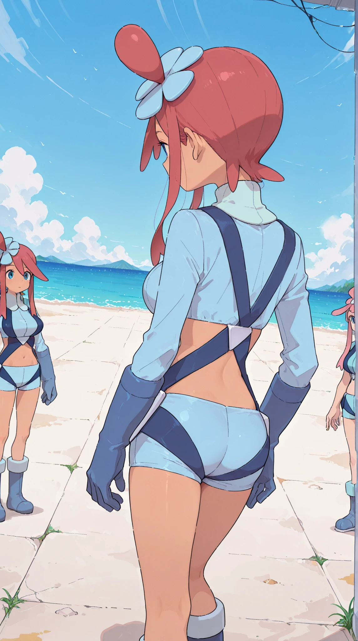 sketches of a woman in a bikini standing on a beach, asuka suit under clothes!, bikini. background of hell. gore, bikini-armor, is wearing a swimsuit, attire: bikini, cel shaded!!!, cel shaded:15, asuka as a surfer model, in the beach, at a beach, bikini armor, realistic bikini
