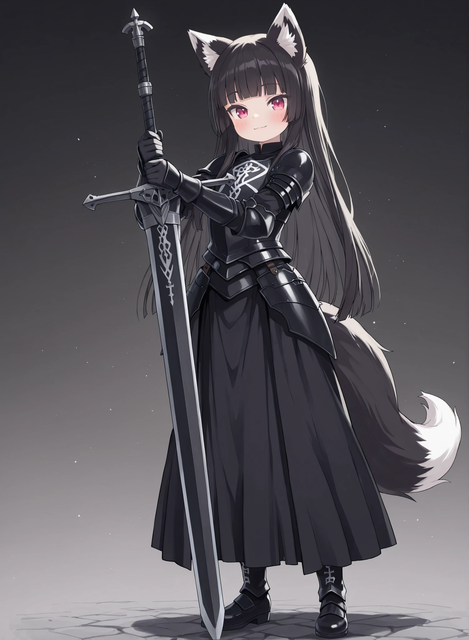 1girl,solo,Children,anime girl,short girl,little girl,fox ear,fox earをつけたlittle girl,little girl,child,,,,child10歳, girl , Cute Cute Girl,,(flat chest1:6),flat chested,,beautiful face,long lashes,,hime cut black super long hair,princess cut black hair,,Blush。ultra-detailed face,beautiful fine eyes,anime style,4k,High Definition,high resolution,8K,crisp quality,professional quality,best quality,a masterpiece portrait of a woman with ultra detailed features, in 8K resolution, with crisp quality and vibrant colors,,4k,High Definition,high resolution,8K,crisp quality,professional quality,best quality,male focus,tom girl,feminine boy,otoko no ko , otokonoko , trap,:3,;3,light smile,full body,, bashful,black and white color fox tail,wind,, handsome , black armor , warrior , knight , Gothic , Dark lighting , fantasy , holding black huge sword, zweihander, two-handed sword, , huge sword with wide blade,Standing in honor,planted zweihander,back ground kingdom,