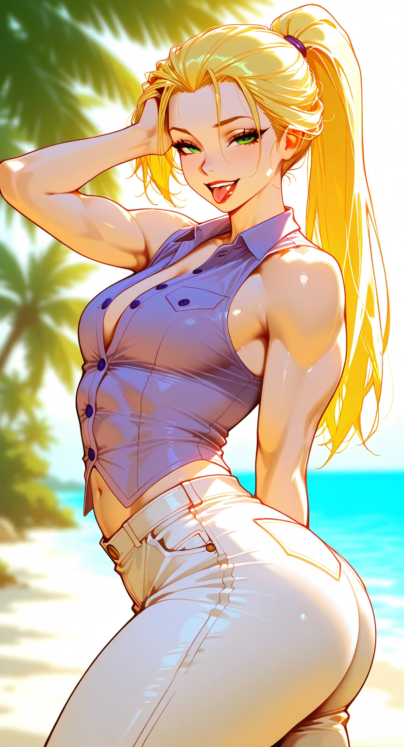 Android 18 with very long hair, wearing a T-shirt and high-heeled shoes, with his daughter.