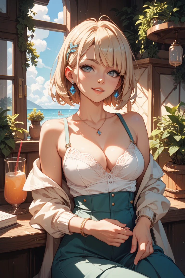 Please follow the all prompts below exactly and faithfully, This is a masterpiece of the most beautiful digital illustrations in the highest quality with maximum resolution, UHD, 512K, 2160p, 10 million ppi, 300 million dpi, natural tones, created with ultra-clear details, the highest realistic skin and hair texture, the most beautiful detailed eye features, a perfect anatomically correct human body, a beautiful background with depth, the rule of thirds, depth of field, and the best and most beautiful natural lighting,1woman, beautiful face, elegant mature woman, Ultimate beauty of all time:1.5, Ultimate attractive face that combines sexiness and eroticism:1.5, Slut:1.3, solo:1.3, beautiful big breasts, green eyes, blonde hair, short hair, bob cut, (eyes visible through hair:1.3), glossy very thick lips:0.7, pink lipstick, She is wearing a light green bodycon Chinese dress with a lot of intricate lace patterns that exposes her large chest, She is sitting in a chair, holding a glass of iced coffee, looking at the camera with a sexy smile, ultra miniskirt:1.3, neckless:1.5, earring, bracelet, (open cafe:1.5),