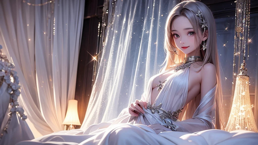 ((Girl sitting on the beach))、(One girl),Top quality work、Actual work、Ultra Premium Graphics、8K HD CG WORKS、High Quality Graphics、High resolution CG work、10x pixels、Ultra-fine details:1.1、High level of technical detail:1.1 Photorealistic、Natural light:1.5。Light effects(Virtual Light Effects:1.8)、長いSilver Hair、Silver Hair、Transparent hair、Hair with attention to detail(Premium Hair Detail:1.1)Clear Eyes、Beautiful double eyelids、Sharp eye make up、Delicate eyelash makeup、Thin eyebrows、Highly detailed eyes、High nose、Nice red lips、Rosy Cheeks、Subtle makeup face、Cute Face、Perfectly Proportioned Face、(Advanced Facial Detail:1.1)、girl、Like a fairy in a painting、slim and sexy legs、Beautiful delicate beautiful face、Like a finely carved piece of jade、It shows patience and wisdom。the nose is straight,Cherry Lip Color、Her face is clear,Her skin is as white as jade、Gives a healthy glow,Her makeup is light and subtle,Not too decorative,A light-toned foundation enhances the clarity of your skin.,eye make up:Eyeshadow and eyeliner,Make her eyes bright and cheerful、Adds a touch of glamour and sophistication、(Beautiful girl model)、((Sexy tiny black lace swimsuit))、Her hair is casually tied back,It is fixed with hosta,A few strands of hair are swaying gently in the wind,Add a little softness、Attract everyone、Elegance、Mystery、Strength、(Shooting from below)、(Dynamic Pose),、(Petals are dancing)、((A perfectly balanced body)),((The fingertips are realistically expressed.)),