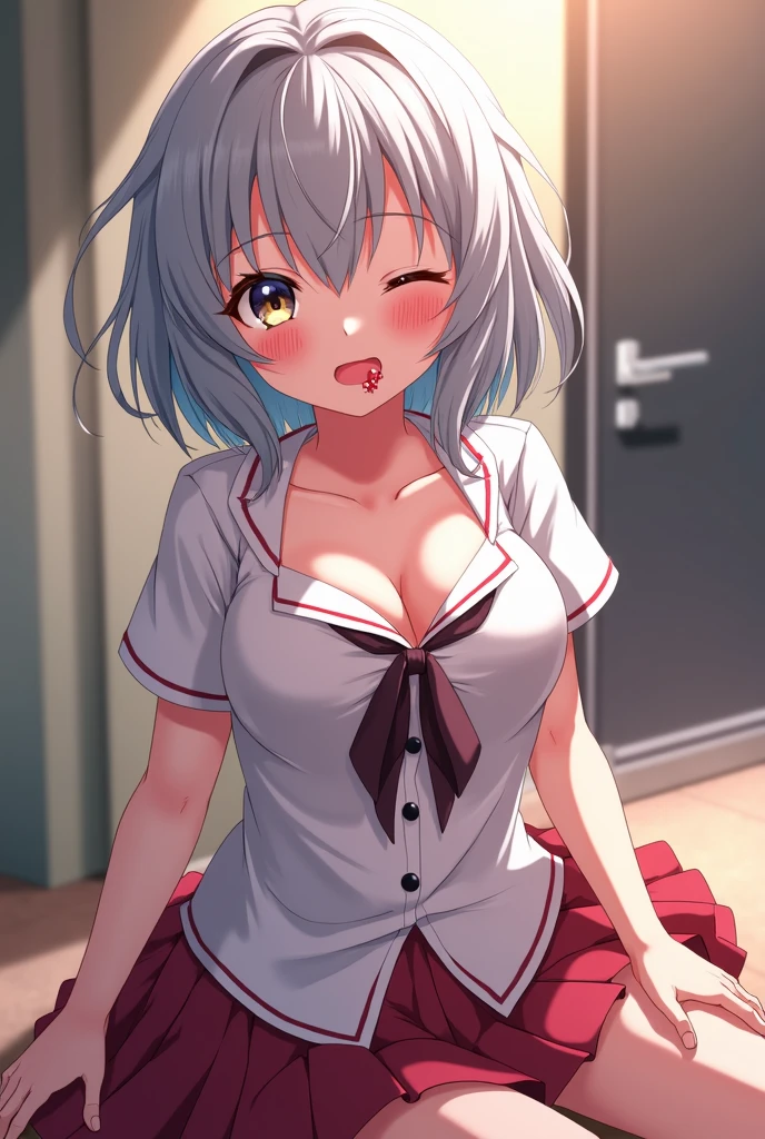 Nsfw, 1 cute girl, , , flat chest, silver short hair, pink eyes, wearing uplifted pink school uniform, red skirt, breast and nipples shown while showing to viewer what is inside of her vagina by spreading it, legs spread, masterpiece, perfect body, perfect tits