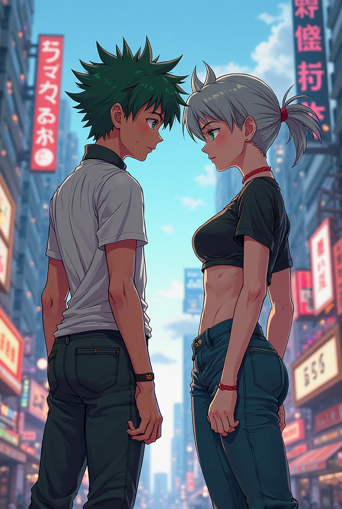 Big shirt and a denim skirt standing on short dark blue hair abim3 crying and with his hand in his hair Zoro looking at her calming her green hair he