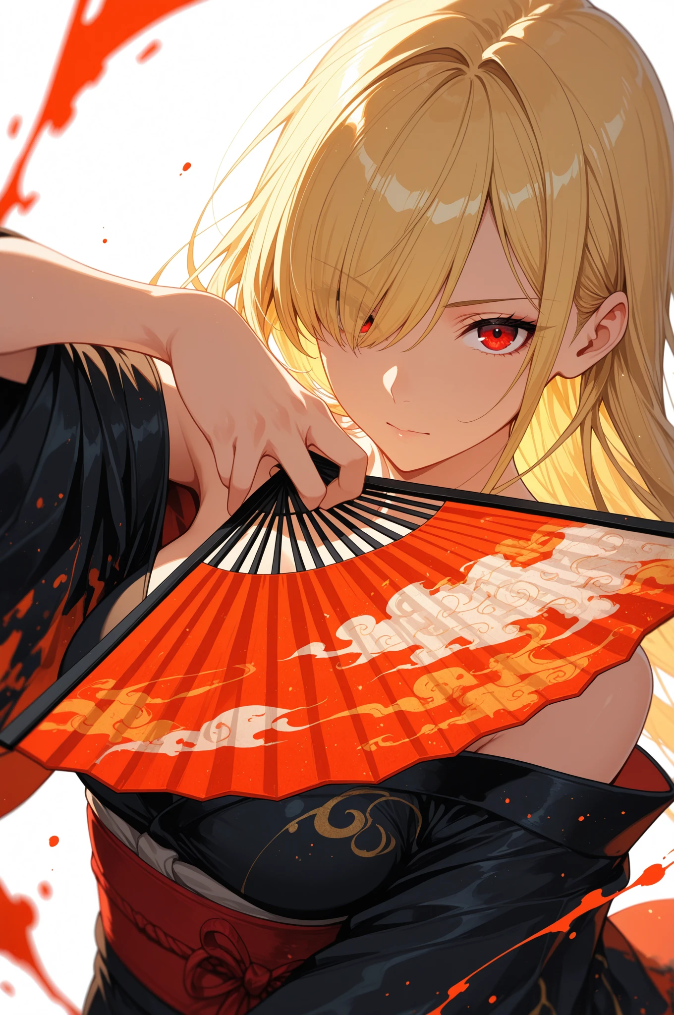 1girl, tilted head, blonde hair, straight hair, hair over eye, red eye, kimono, off the shoulder, medium breasts, holding fan, fan towards viewer, fan focus, close-up, complementary colors, abstract, splatter, splash art, simple background, white background, depth of field, action motion, dutch angle, dynamic posing, masterpiece, high quality, best quality, highres