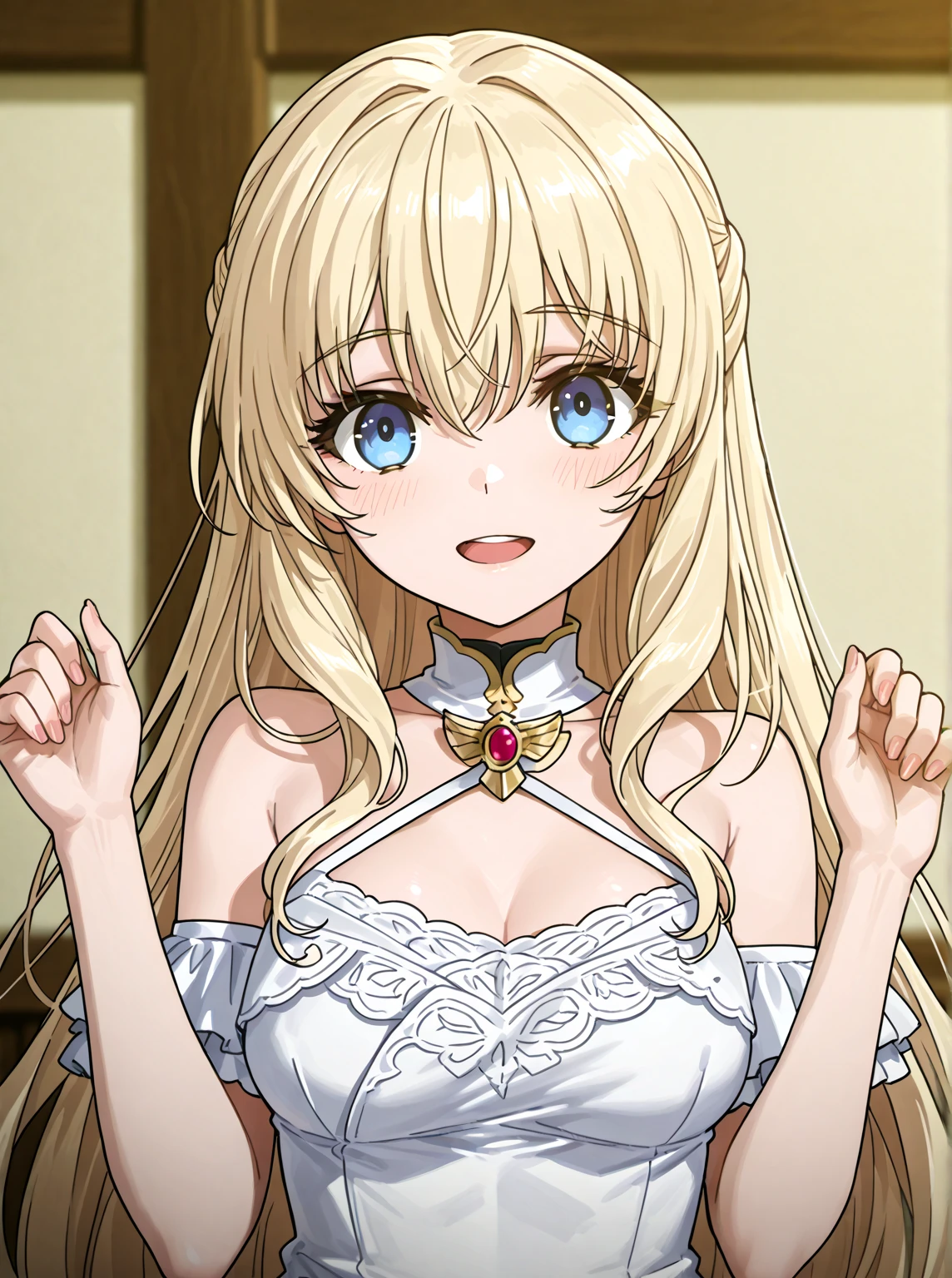 (Anime:1.8), megami magazine, (masterpiece, top quality:1.4), Not Safe for Work, detailed skin, detailed face, 1girl, idol, cute face, , 14-yo,
blue eyes, droopy eyes, big eyes:1.5, laughing, red blush, (blonde-yellow hair), long hair, (shiny wavy hair), white frilled bikini wedding gown, swimsuit, sarong, tiara, Bride Veil,  cute, baby face, twinkle in the eye,  (Design sheet:1.3), (multi-angle and detailed view:1.3),