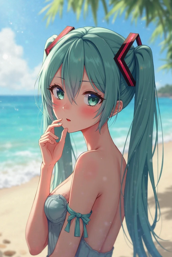 highest quality、Realistic、woman、Japanese、zoom、cute、Ocean、Cobalt blue eyes、Green hair、Twin tails、Swimwear、Face close-up、thin、Small breasts、smile