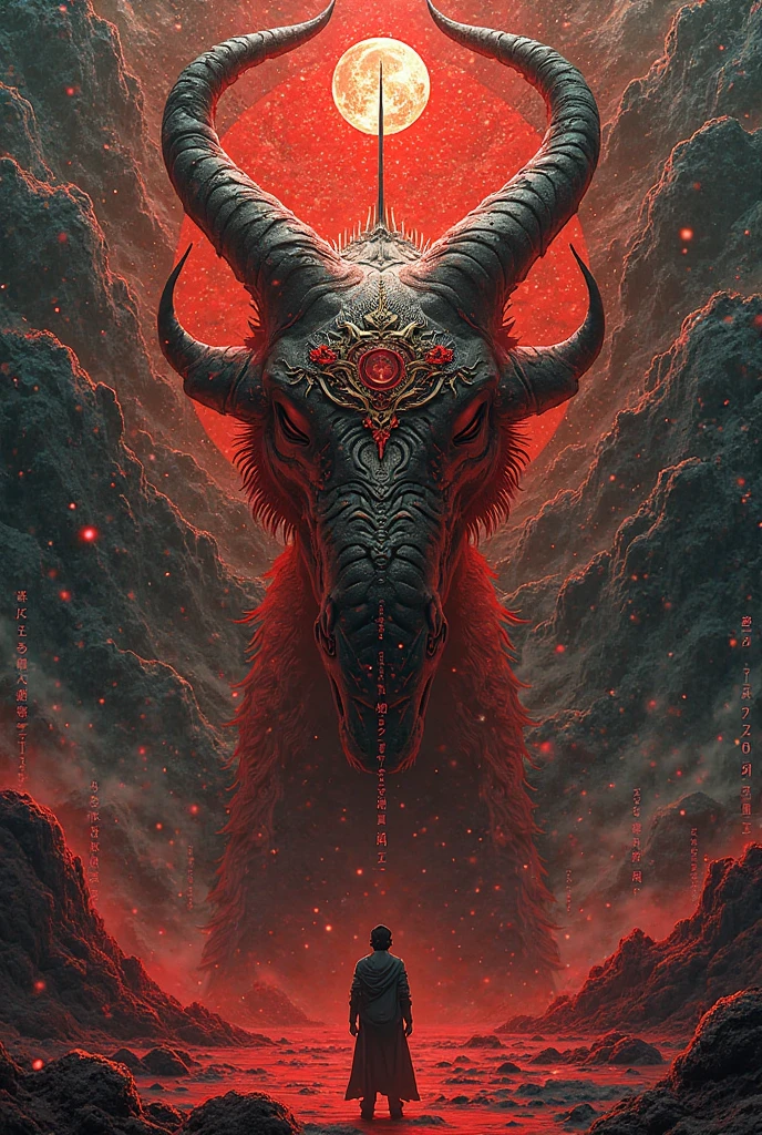A monstrous creature, made only of blood and nothing more than just the red liquid, where from the waist down there is only a pool of blood from where it came out. This chilling and surreal image is of a painting that depicts a creature unlike any other. The detail is extraordinary, with the blood appearing almost natural in its texture and color, the horn contrasting sharply with the red background. The overall tone is horrific and mesmerizing, inviting viewers to delve into the dark and mysterious world portrayed in the artwork.
