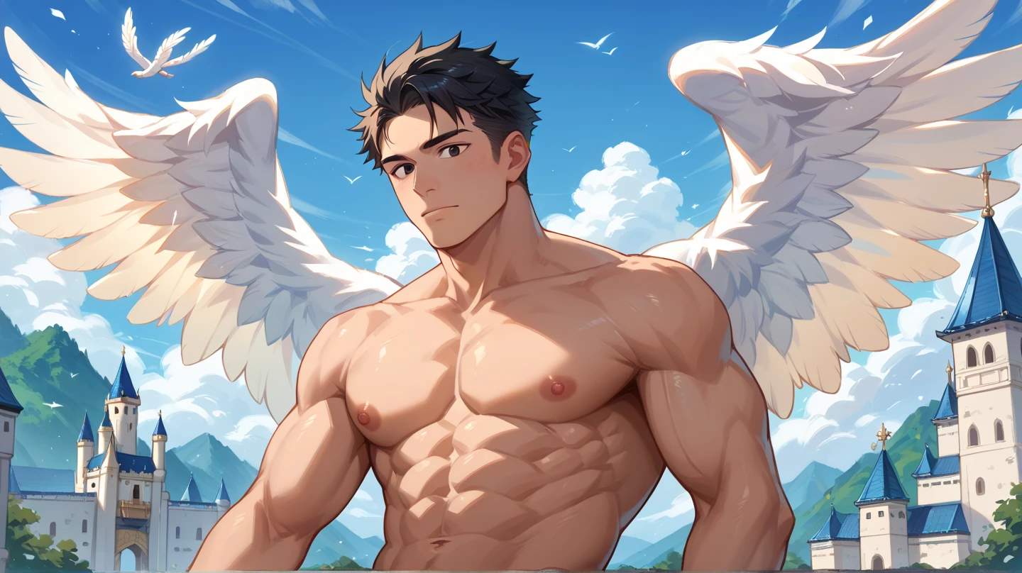 (masterpiece, best quality),Soar among the stars,Fly in the air,afloat,Light golden feathered wings,Pink briefs,Male children,nakeness,???'s face,Flat chin,infancy,(???'s face),Pink belly hair,Pink chest hair,Pink pubic hair,Flat chin,Fine face in detail,White men's briefs,musculous,pink short hair,Bright Hair,White eyes,Keep your eyes wide open,nakeness,White briefs,White briefs,Pectoralis abdominal muscles,Strong and well-developed muscles,bright,Bright and vivid colors,(depth of fields:1.2),Positive audience,looking at viewert,the night