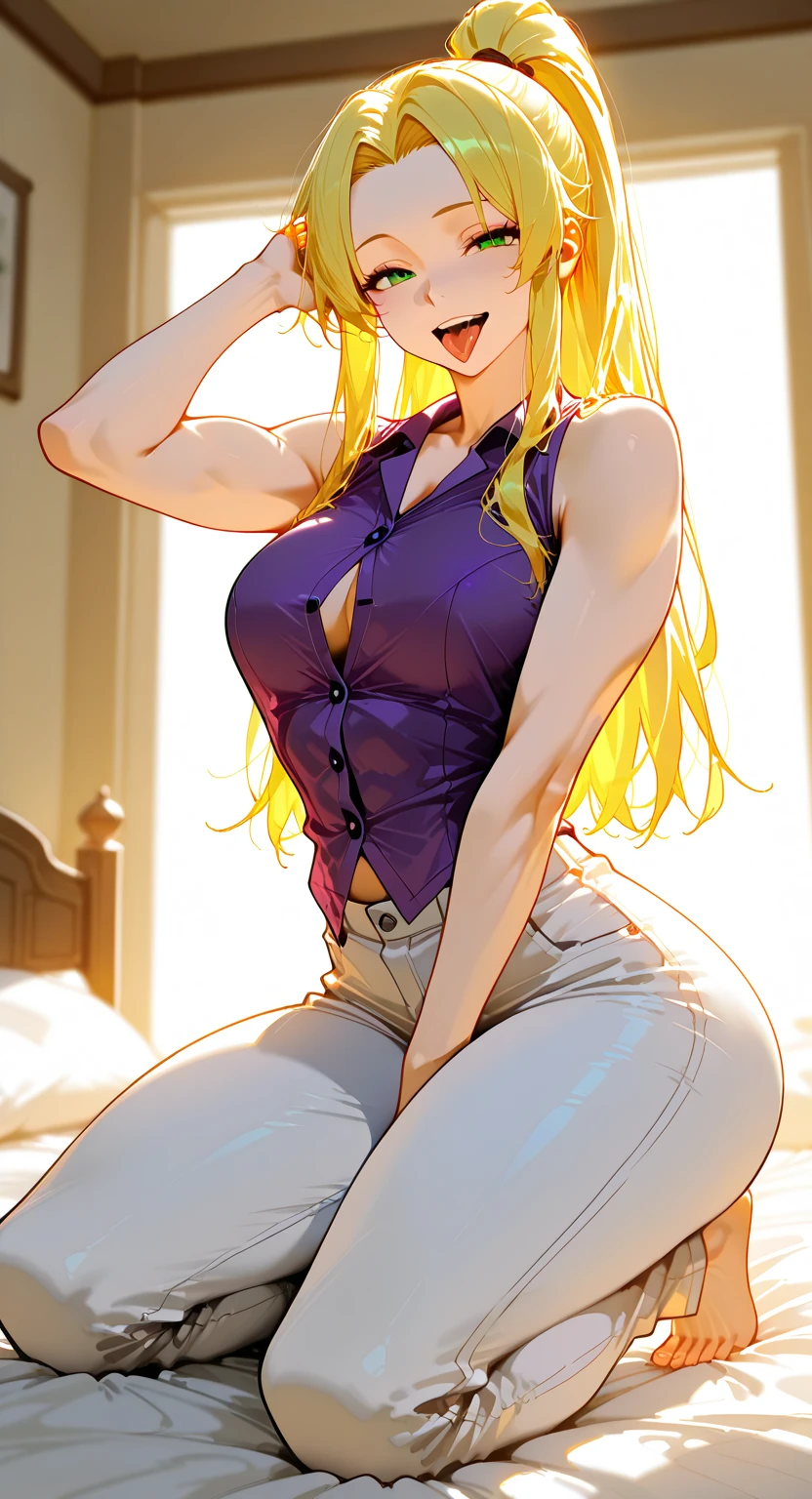 (masterpiece), best quality, highly detailed faces, (SHARP details), 4k, highly detailed, expressive eyes, SHARP detail expressive eyes, (SHARP detail perfect face), ((platinum blonde hair)), (choker) amber eyes, long and wild hair, (mature woman), (Huge breasts), smiling, standing, (wearing white tank top), 20 years old, ((wearing purple yoga pants)), ((solo)), wide hips, (((view from front))), thick thighs