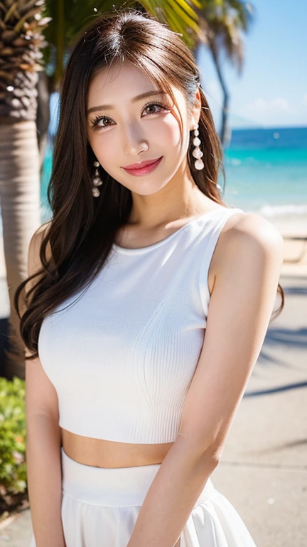 Highest quality, masterpiece, (Realistic:1.2), (uetoaya), smile, head shot, Backlight, Silhouette Lighting, Lift up your shirt, Tomboy, Brown long hair, Hair on one eye, Underbust, front, Detailed face, Beautiful Eyes, Oily skin, Sweat a lot, fit, bikini, Underbust, Santorini, Greece