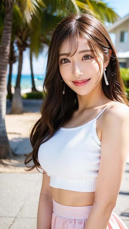 Steam, Steam, Steam, Beautiful blue sky, Beautiful sky, Daytime view, Waikiki Beach, Professional director, Professional Lighting, (Highest quality, 96k,masterpiece), Very beautiful face, Japanese Model, Big Breasts, clavicle, Starry Sky, Ultra HD, (Photorealistic:1.1), RAW Photo, One Girl, Beautiful eyes, Very big breasts and big eyes, Black brown hair, White coat blouse, Are standing, Smile, Full body photo
