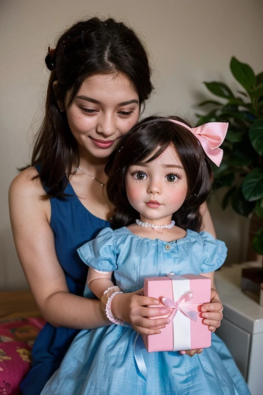 Mother with brown bangs and brown clothes, Holding a girl with long hair, Black bangs and pink newborn outfit, nursery school.Photorealistic, Highest quality, Super detailed, Soft natural light from a window Nikon Z6 camera 35mm lens aperture f/2.8 Manual ISO 200 focus distance adjustment : 35mm Moderate depth of field makes the subject stand out Warm, muted colors No nudity, No sexy.