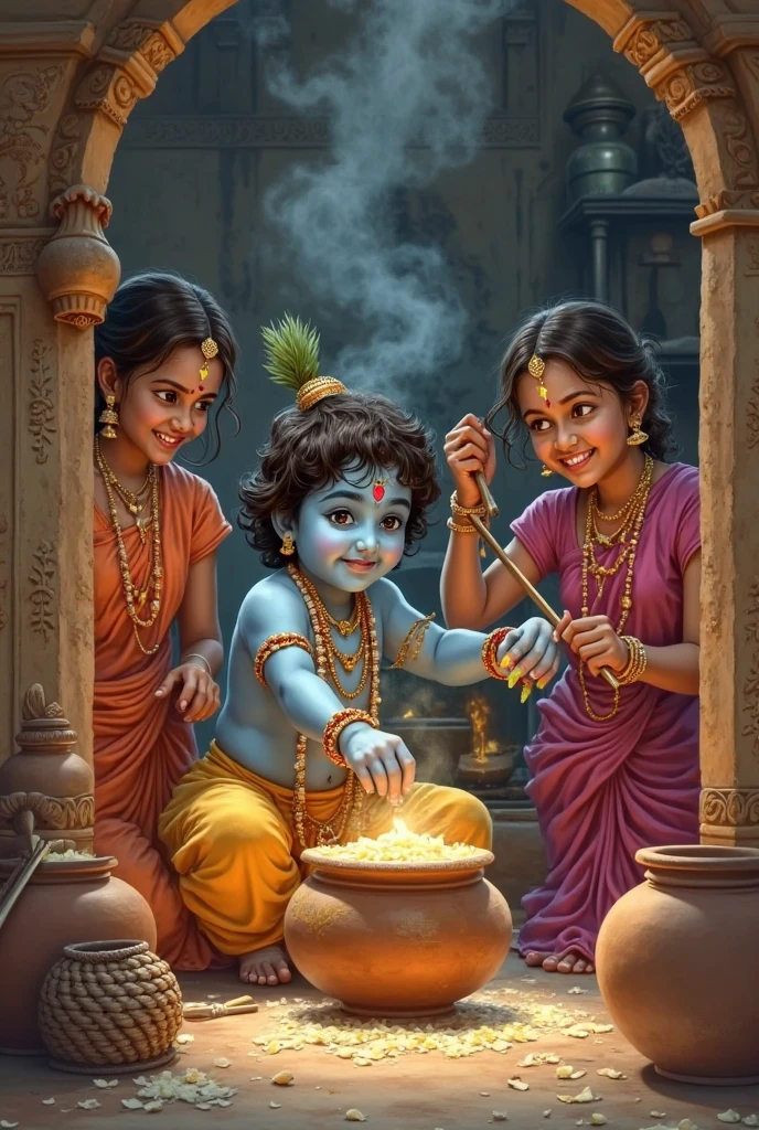 a painting of two little babies playing with a pot, hindu art, hindu gods, peredvishniki, by Thota Vaikuntham, beautiful image ever created, cute boys, beautiful depiction, by Bholekar Srihari, beautiful image, by Narayan Shridhar Bendre, vishnu, from ramayan, 😃😀😄☺🙃😉😗