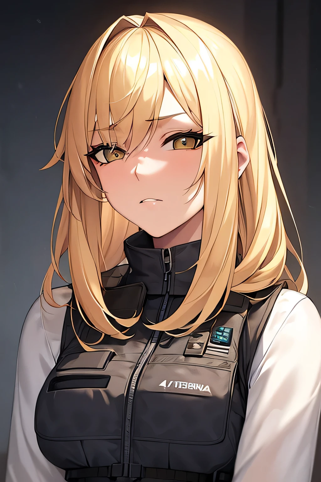 Portrait of sexy anime girl, big breasts, blonde hair, sitting in her gamer chair in her gamer room with anime style RGB