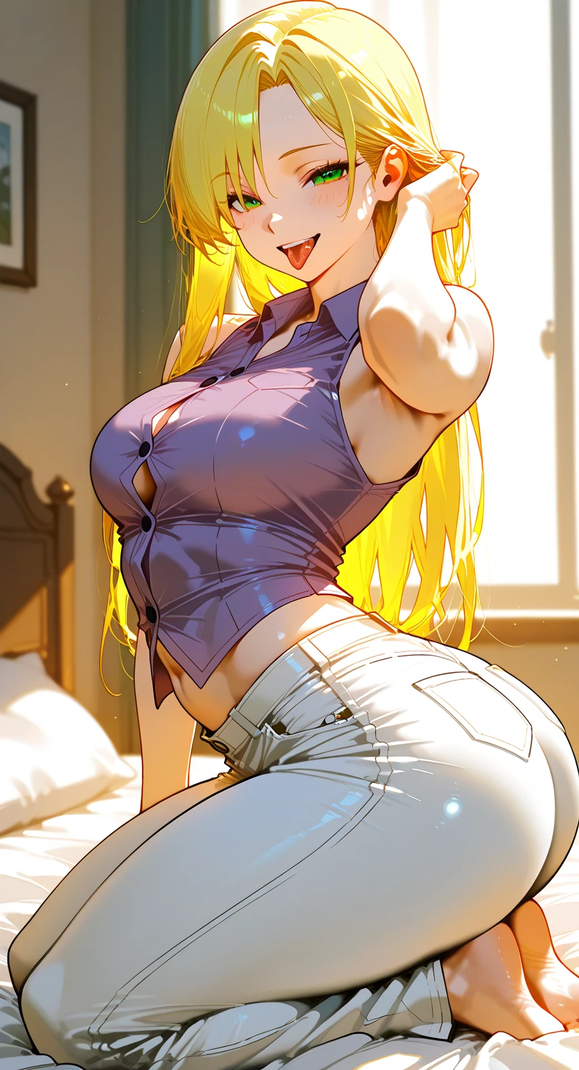 One girl, solo, Big round breasts, clevage, curvy hips, realistic, blonde hair, light green eyes, amazing big eyes, eye details, eyebrow details, white crop top, denim skirt, big lips, blush, confident, dominant, bdsm, smirk, naughty, mischevious face, HD, good quality, crop top, curvy, bedroom setting,