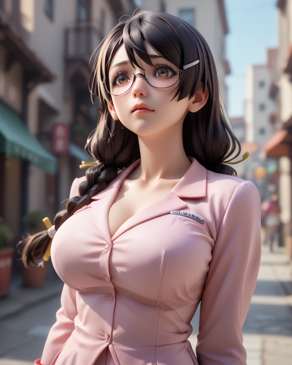 ((highest quality)),(ultra high resolution),(Super detailed),(detailed description),((best CG)),(best work of art),super precision art,great drawing art,(Art with precise details:1.5), (1 woman:1.5),Beautiful face 1.5,natural makeup:1.6,(In a shirt:1.5),intelligent glasses:1.4,,big breasts:1.4,Tight Skirt:1.3,