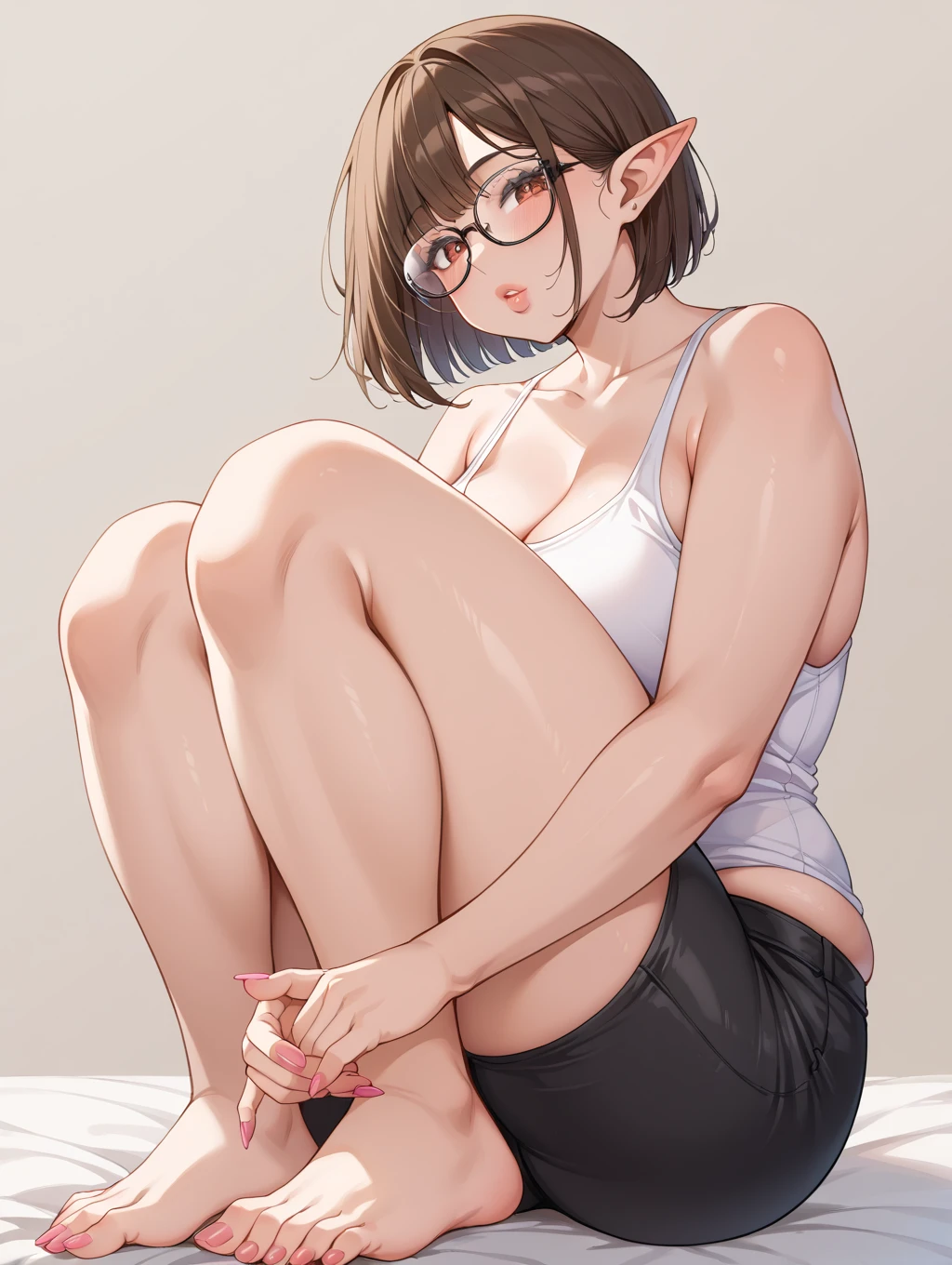punk girl with glasses and a dark shirt, sitting on a sofa in the background, short brown hair, detailed face, big breasts, with bare legs and black panties, with your feet on the floor, showing her soles , high quality, high resolution