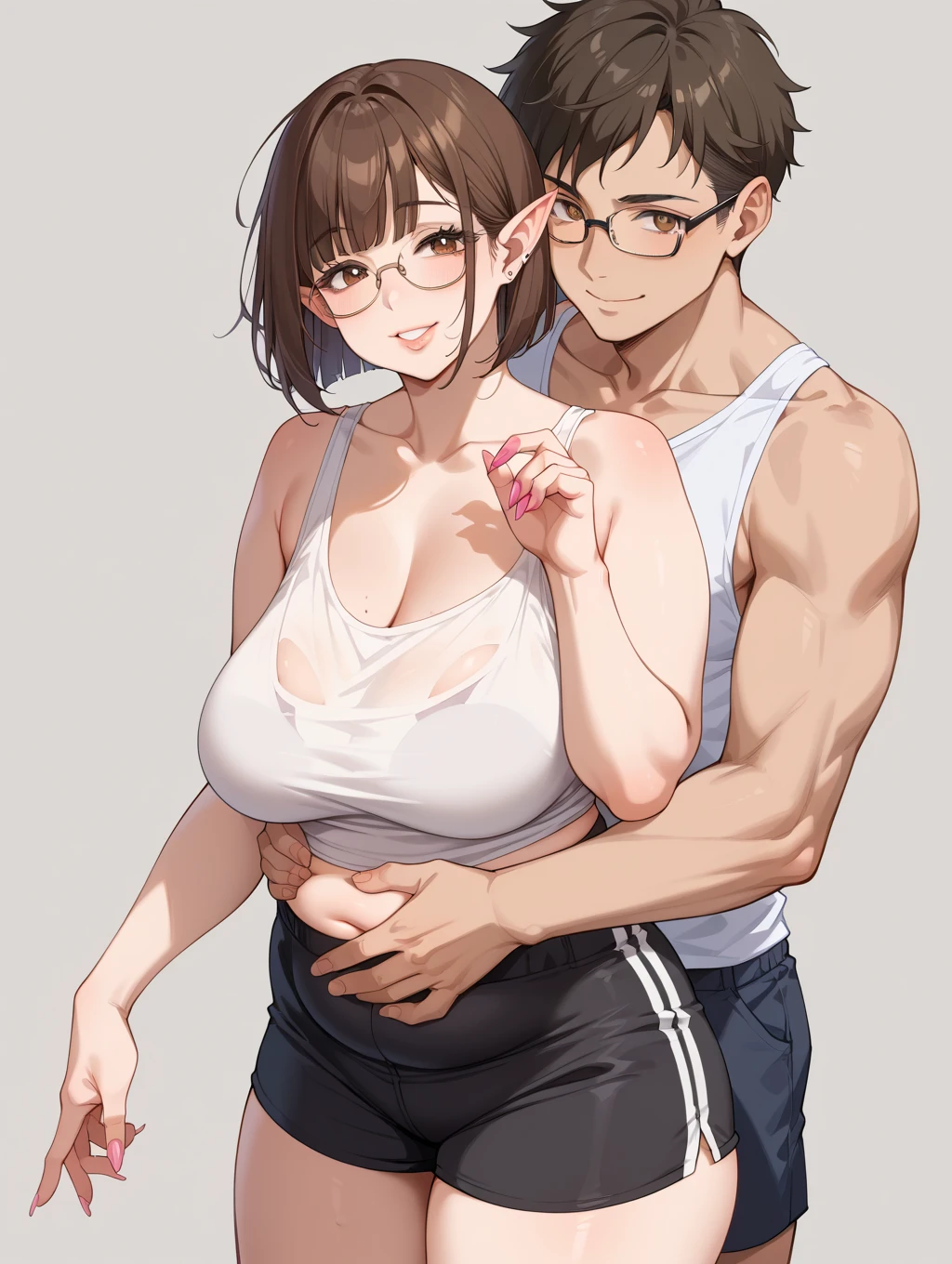 Busty milft Woman, huge breast, White sport bra, black short Hair, Glasses, in bedroom with ugly Bastard, Deep kiss , grab breast hard, mirror selfie
