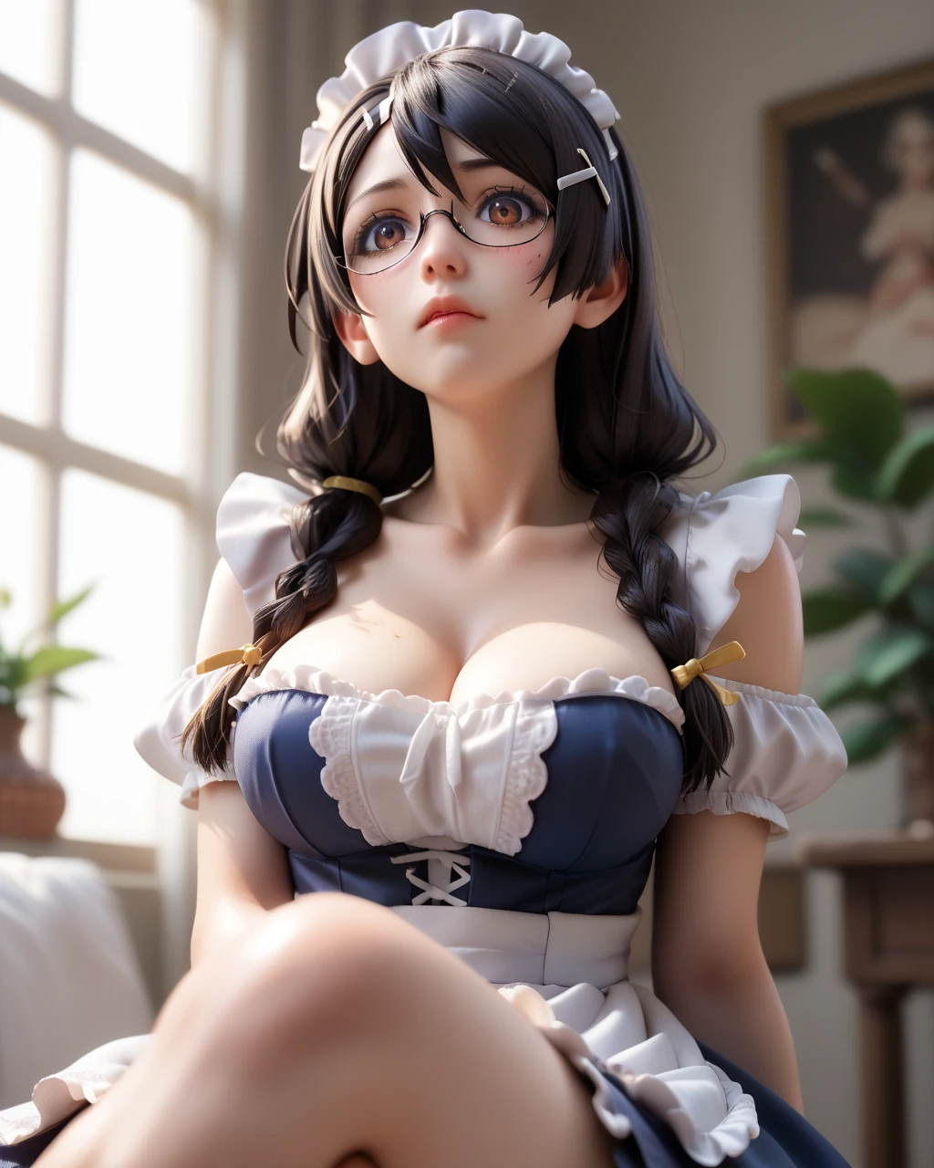 (8k, RAW photo, best quality, masterpiece: 1.2), (realistic, photorealistic: 1.37), super detail, (more beautiful girl: 1.4), 2 girls, sailor color, braided ponytail, ((full body shot)), maid, sexy underwear, sexy, huge breasts, glasses, look at camera, smile, two girls