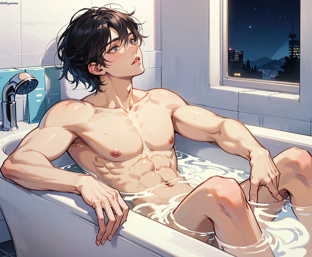 anime boy taking a bath in a bathtub with rose petals, wet body, bathtub, bubble bath, high quality fanart, bath, Beast, at pixiv, official fanart, pixiv, detailed fanart, relaxing, levi ackerman, in bathroom, relaxing environment, relaxing mood, by Shingei, anime asthetic, relaxing concept art, wet anime boy, with rose petals in the bathtub, beautiful atmosphere, hot anime boy, cute 