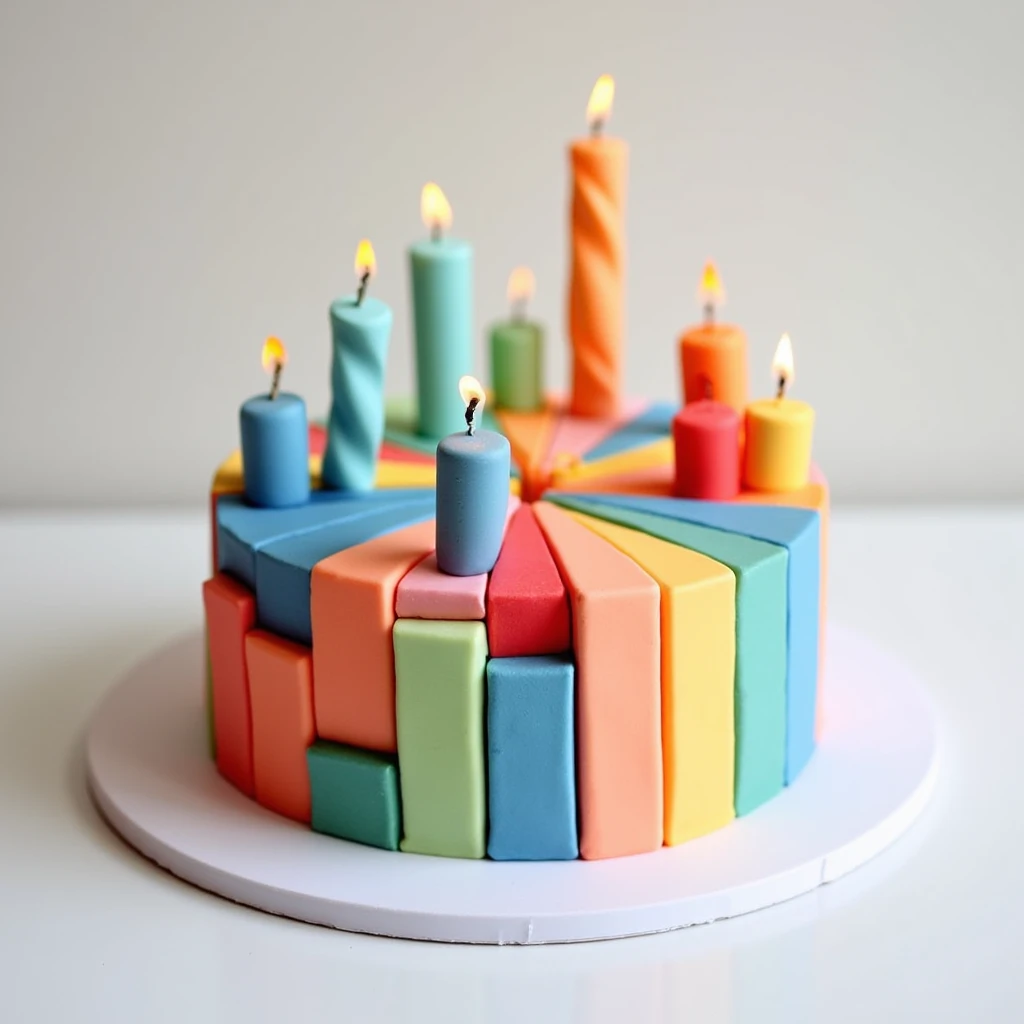 Birthday cake made like a cake chart made from Excel. Each piece of cake has a different color and height