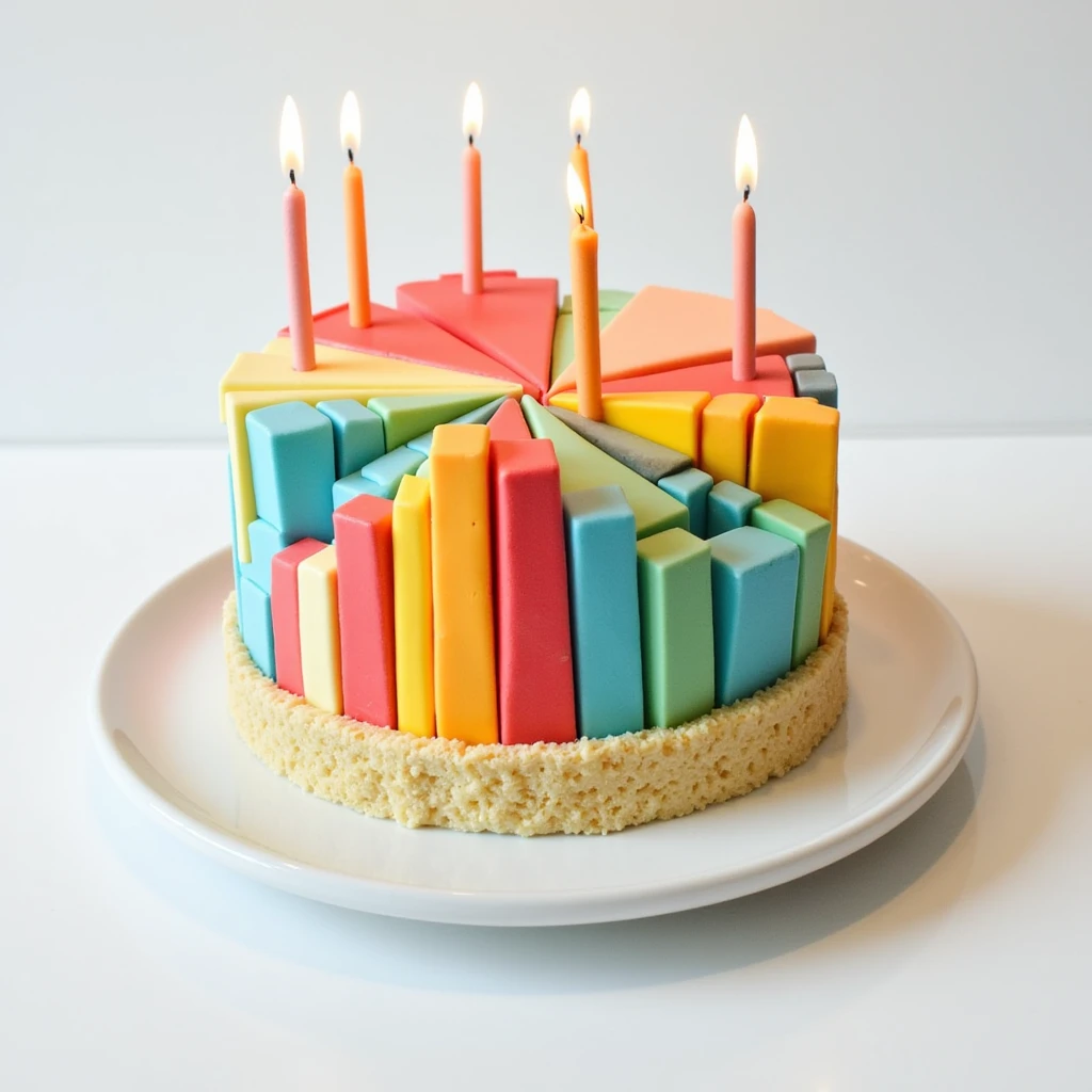 Birthday cake made like a cake chart made from Excel. Each piece of cake has a different color and height