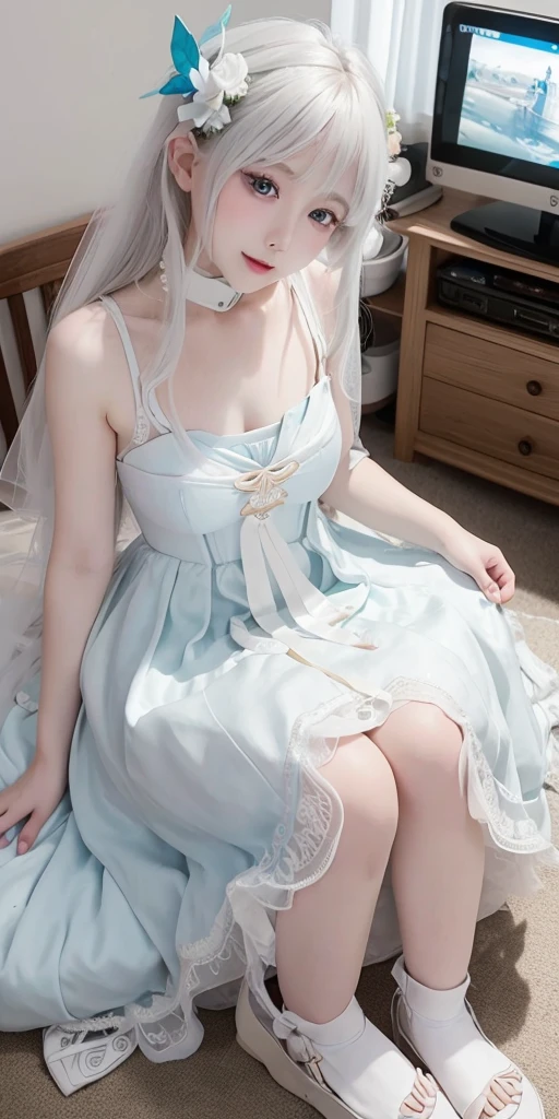 Best Quality, White Skin, Real Human Skin, Clear Face Skin, Best Quality, White Skin, Real Human Skin,1girl, Beautiful and Perfect Face, Intricate Details, Cinematic Feeling, 8K, Very Detailed,(Angle from Below), Whole Body, (Cinematic Feel),(????????:1.5),(Skirt Lift),(????????),(petite),(small ???????),( smile),maid,blue ?????,see-through camera