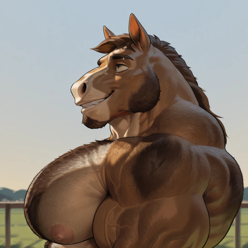 horse man, exaggeratedly muscular, breasts full of milk, muscular thighs, malicious expression, white fur with black spots, flushed cheeks, blue eyes, farm, nicebulge.