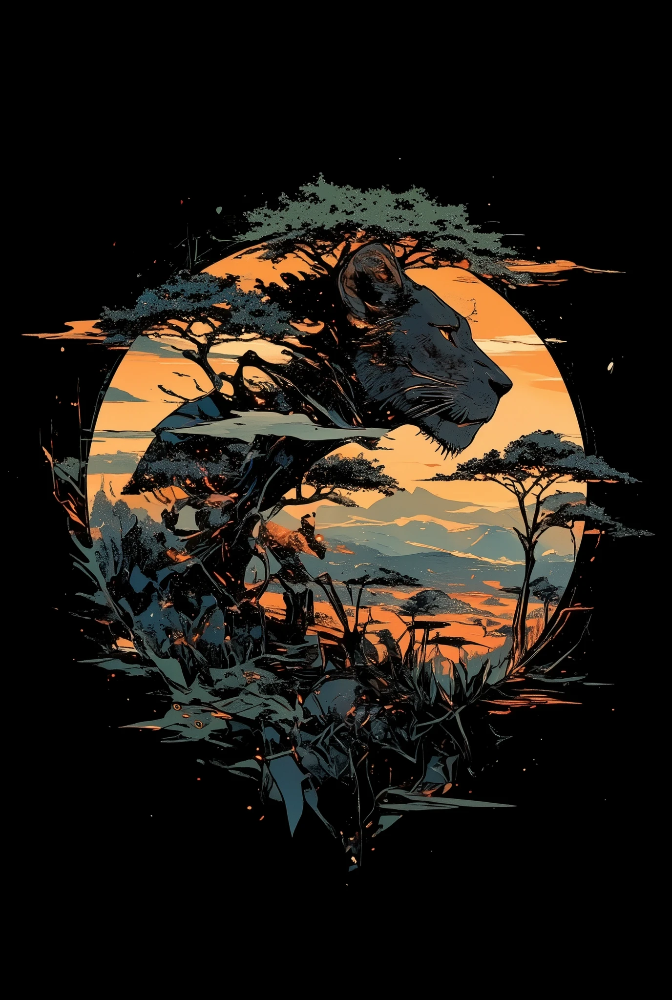 Profile silhouette of lion, double exposure effect, inside the silhouette: African savannah, trees, and clouds, high contrast against a pure black background, photorealistic style, sharp details