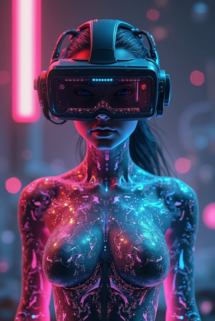 An image of a human avatar in a virtual reality environment, where he is exposed to allergens and takes anti-allergy medications, with digital visualizations of the effects.
