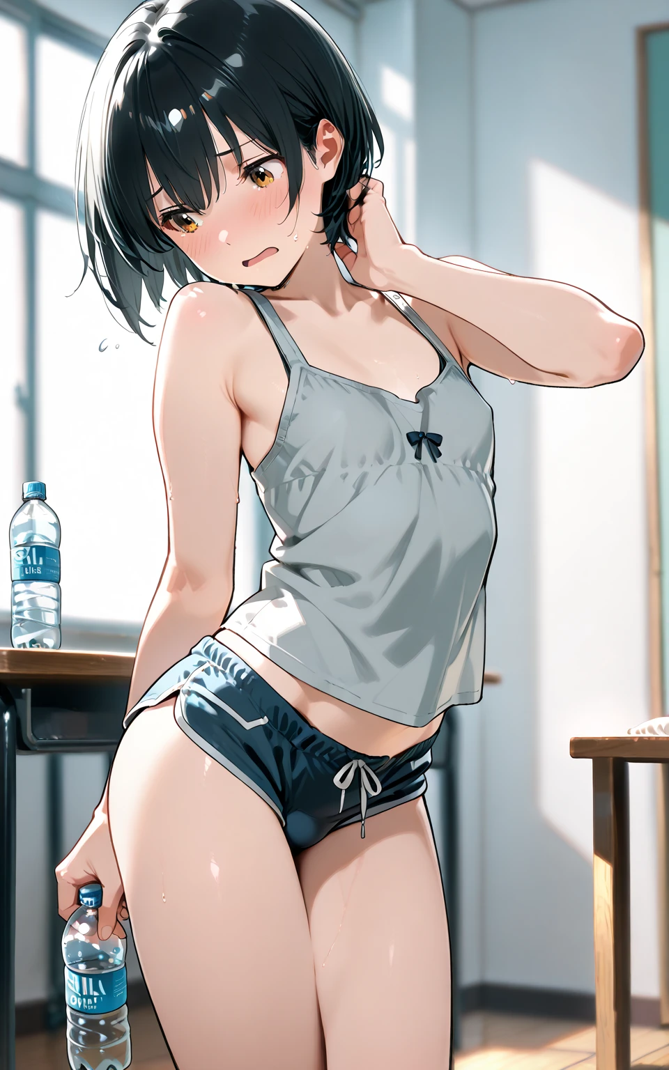 ((perfect anatomy:1.5,realistic:1.4,RAW Photography:1.4,masterpiece、highest quality、Ultra - High resolution、High resolution、Highly detailed CG、8K)),cowboy shot,1 female,solo,dancer,18-year-old、High school girl beautiful girl,Japanese,((beautiful detailed face and eyes:1.3,big gorgeous eyes:1.4,gray eyes)),dark brown hair,short bob hair,bangs,medium breasts,slender body,small head:1.3,skinny,(oily skin,gleaming skin,shiny skin、sweat:1.3),(white t-shirt、crop top、leather collar、navel、pleated mini skirt、white panties、bare legs),sneaker shoes,squatting,spread legs,((love juice:1.6)),stage、Tokyo、