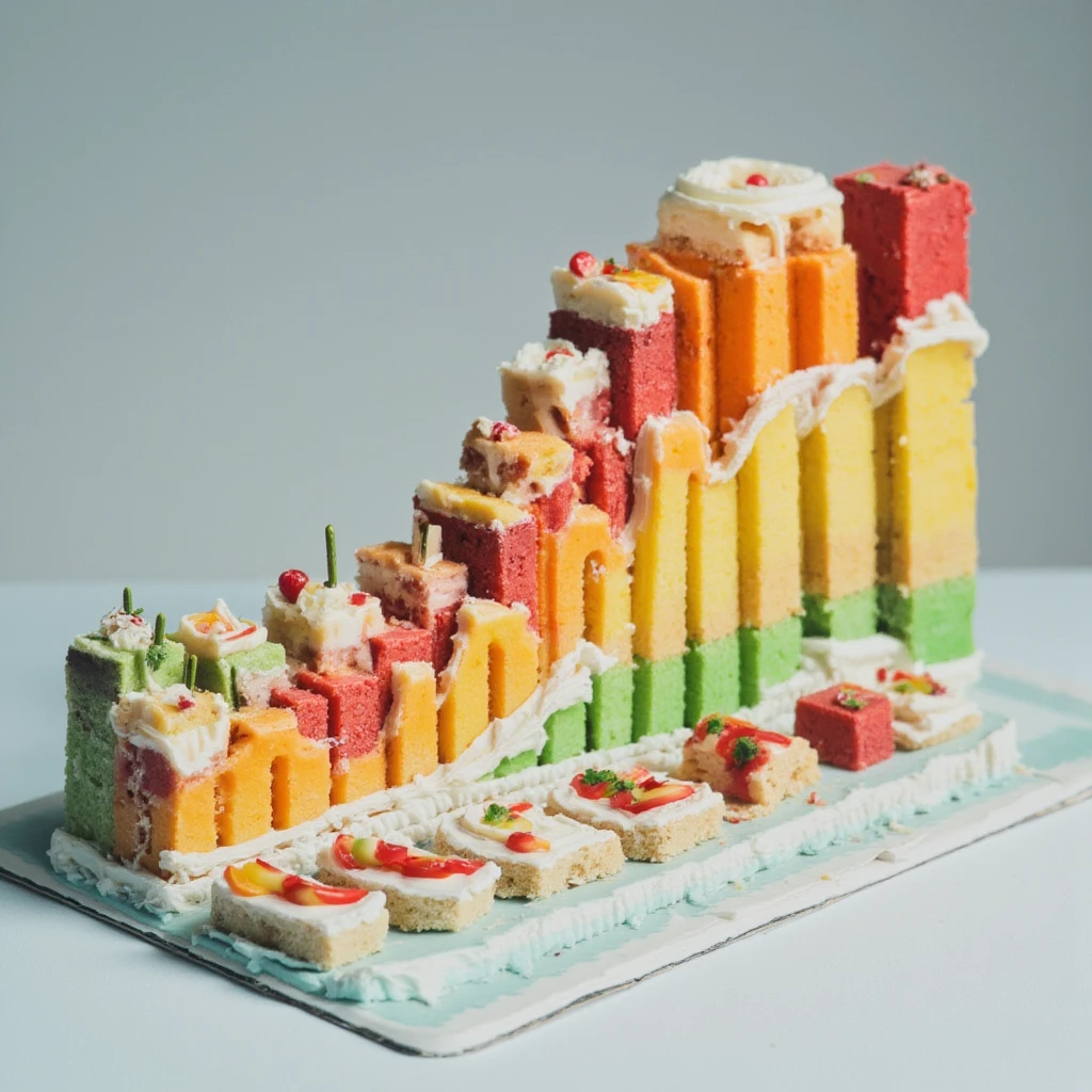 Birthday cake made like a cake chart made from Excel. Each piece of cake has a different color and height