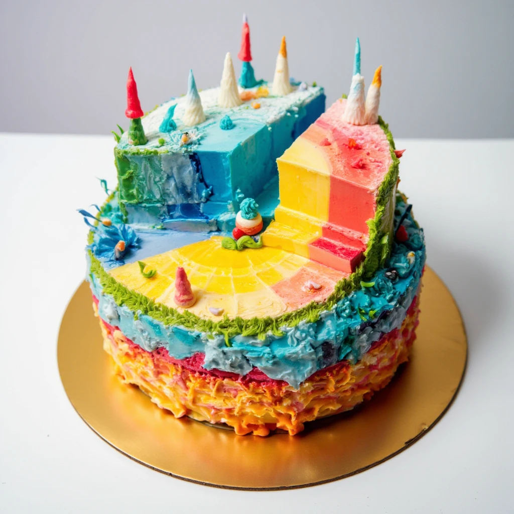 Birthday cake made like a cake chart made from Excel. Each piece of cake has a different color and height