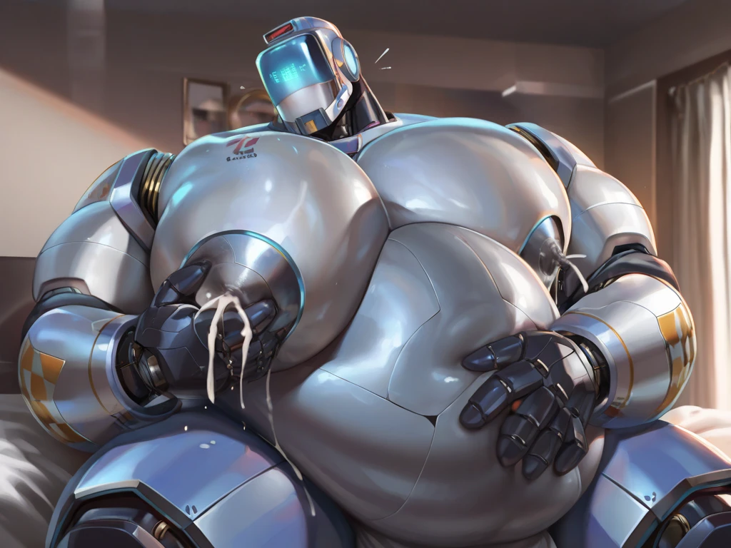 score_9, score_8_up, score_7_up, score_6_up, score_5_up, (robot), cyborg dragon, [8rj], muscular, overweight, big belly, lying, white body, white penis, foreskin, balls, cum string, cumshot, looking at viewer, belly grab, looking pleasured, embarrassed, [[nude, tail]], open mouth, inside, bedroom