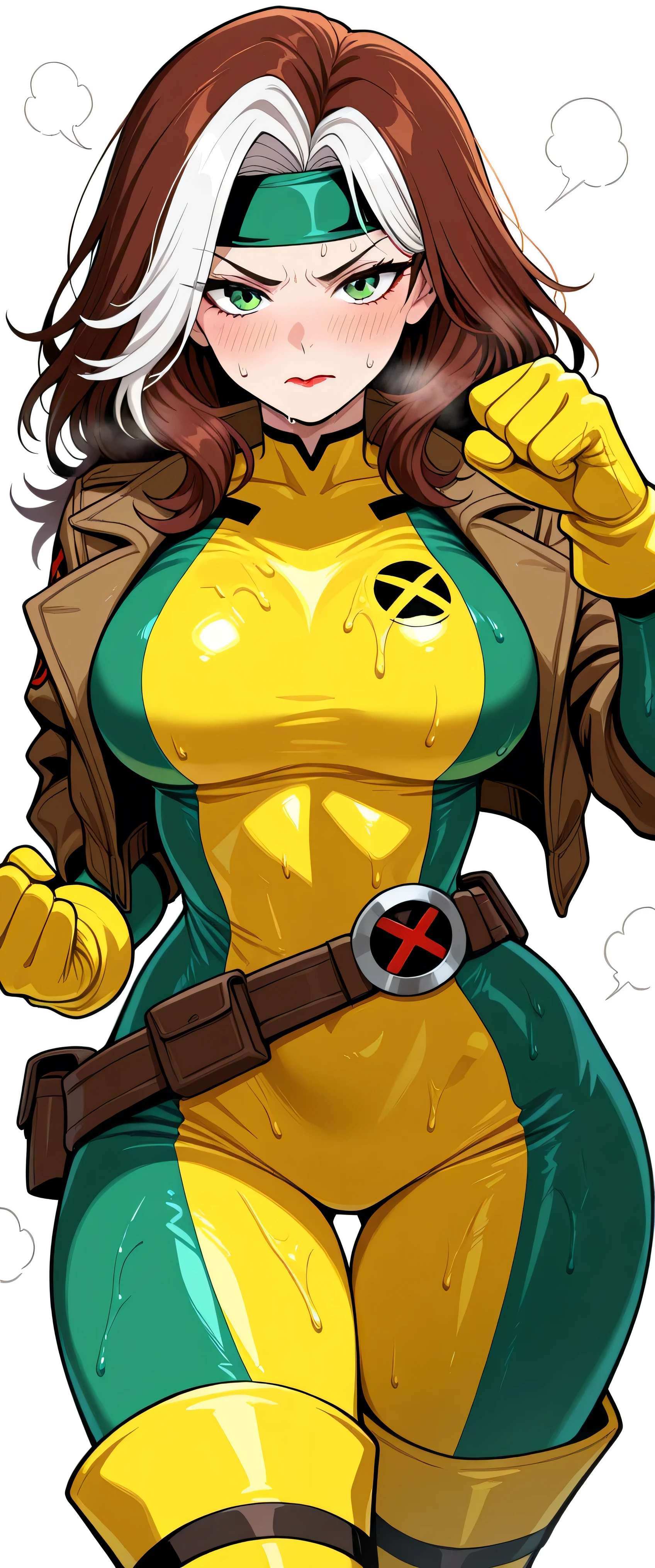 RogueXMXL, green eyes, lipstick, brown hair, two-tone hair, long hair, messy hair, headband, big breasts, cropped jacket, brown jacket, yellow bodysuit, long bodysuit, yellow gloves, belt, yellow boots, solo, standing, looking at viewer, indoors